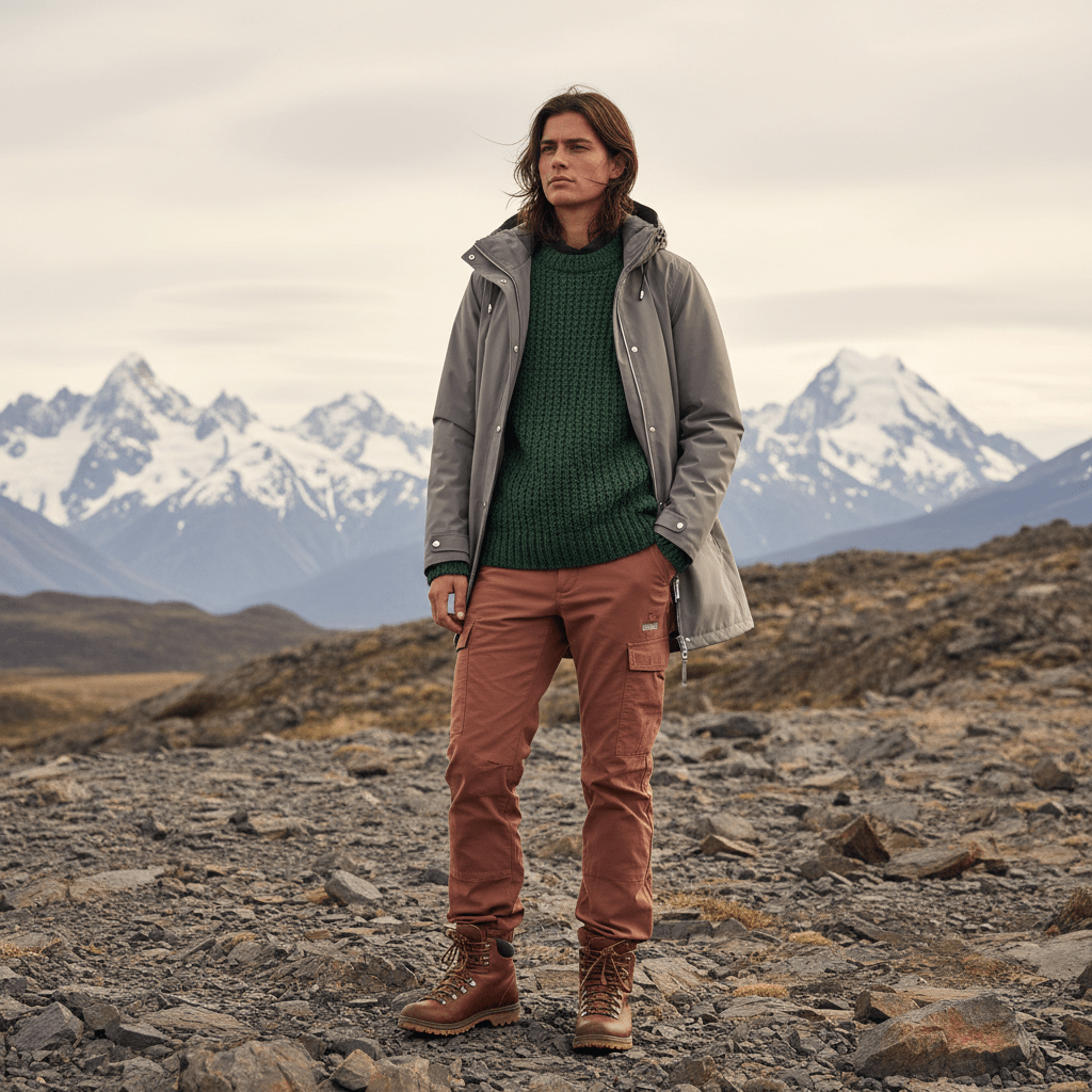 Model in hand-knitted alpaca sweater and cargo pants in rugged Patagonian landscape.