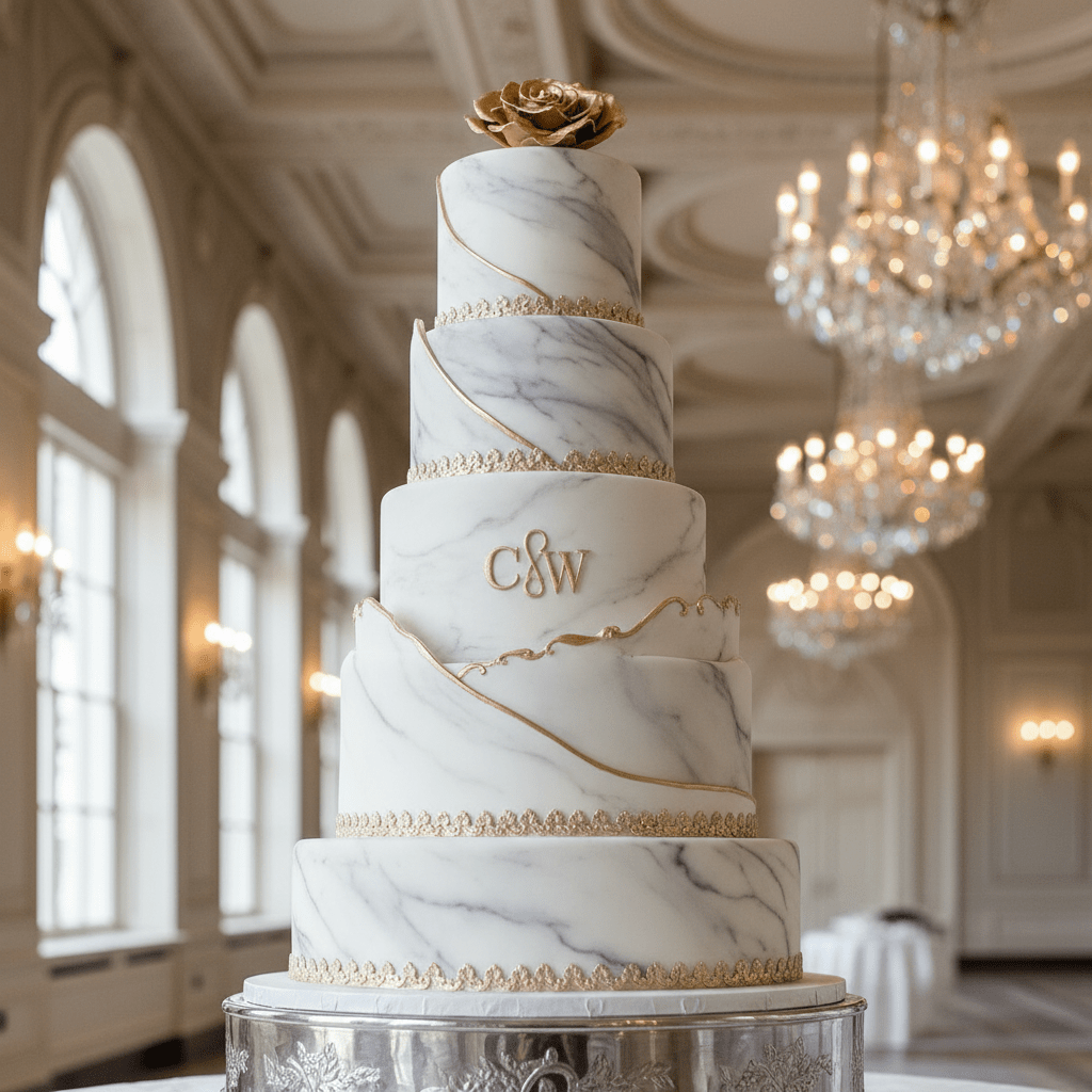 Multi-tiered wedding cake with edible marble print and golden accents.