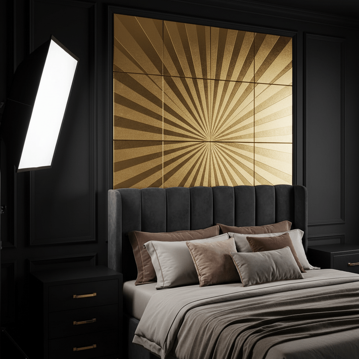 Luxurious Art Deco bedroom accent wall panels Art Deco magnetic wall panels with gold geometric designs behind a plush headboard.