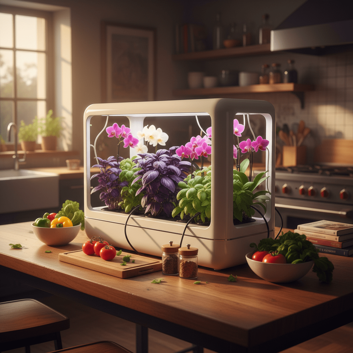 Sleek smart indoor garden with glowing lights and exotic plants in a kitchen.