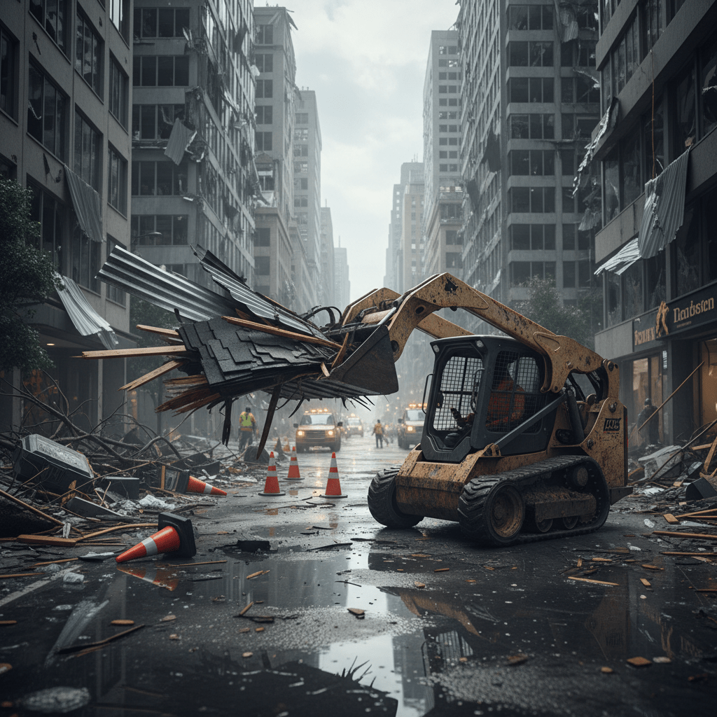 Mini skid steer clearing debris on a wet, post-storm urban street.