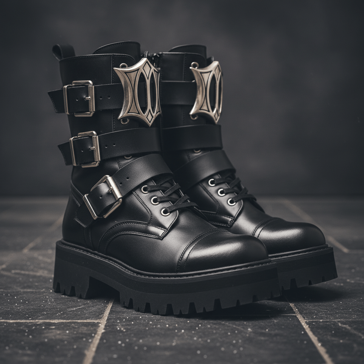 Close-up of black neo-gothic combat boots with polished buckles and platform soles.