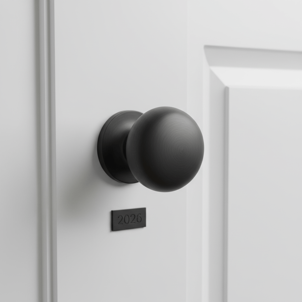 Ultra-matte black geometric door knob on a stark white interior door.