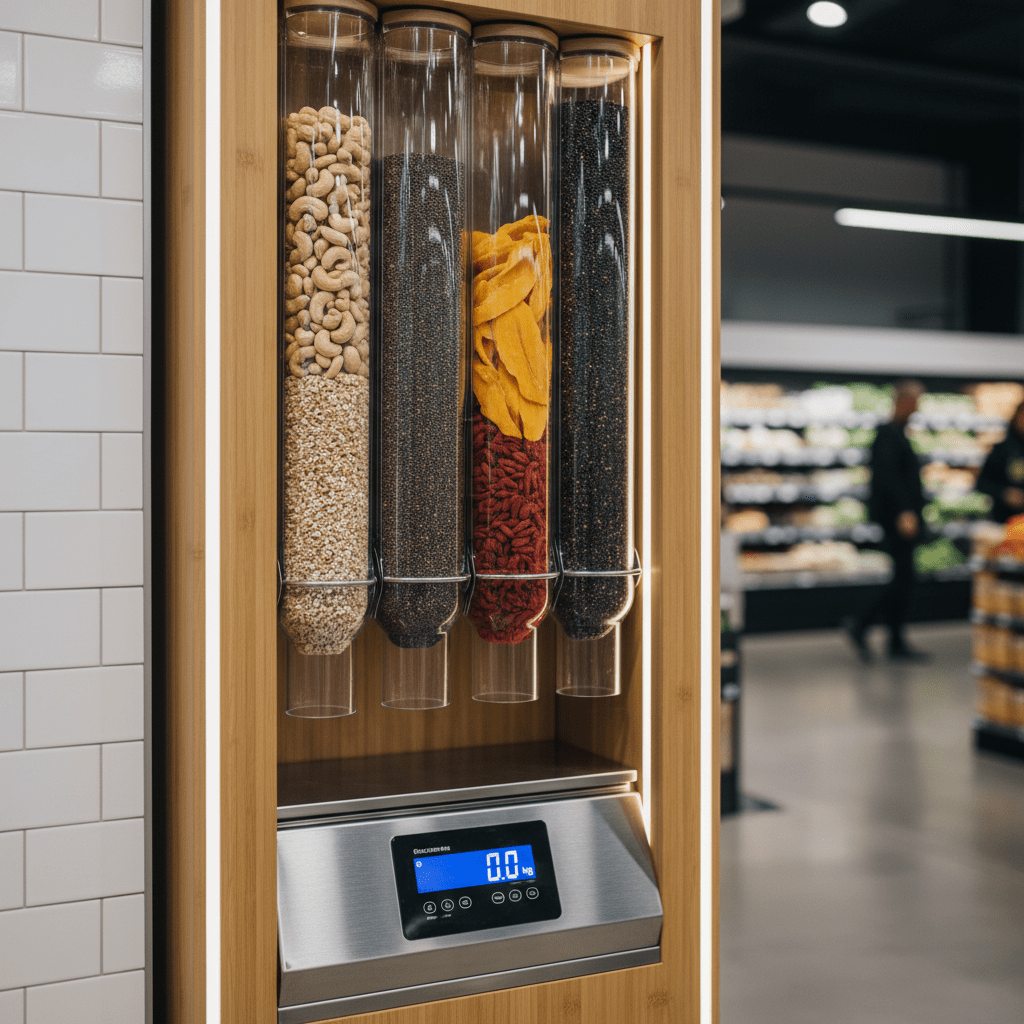 Eco-friendly zero-waste food dispenser with colorful ingredients in bamboo tubes.