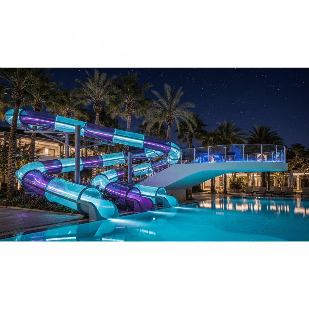 Luxury resort pool slide with tinted acrylic weaving through palm trees at night.