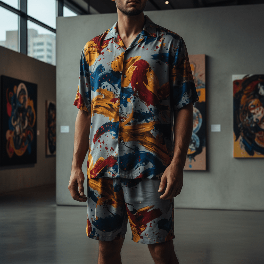 Model wears vibrant rayon co-ords with energetic paint strokes in urban gallery.