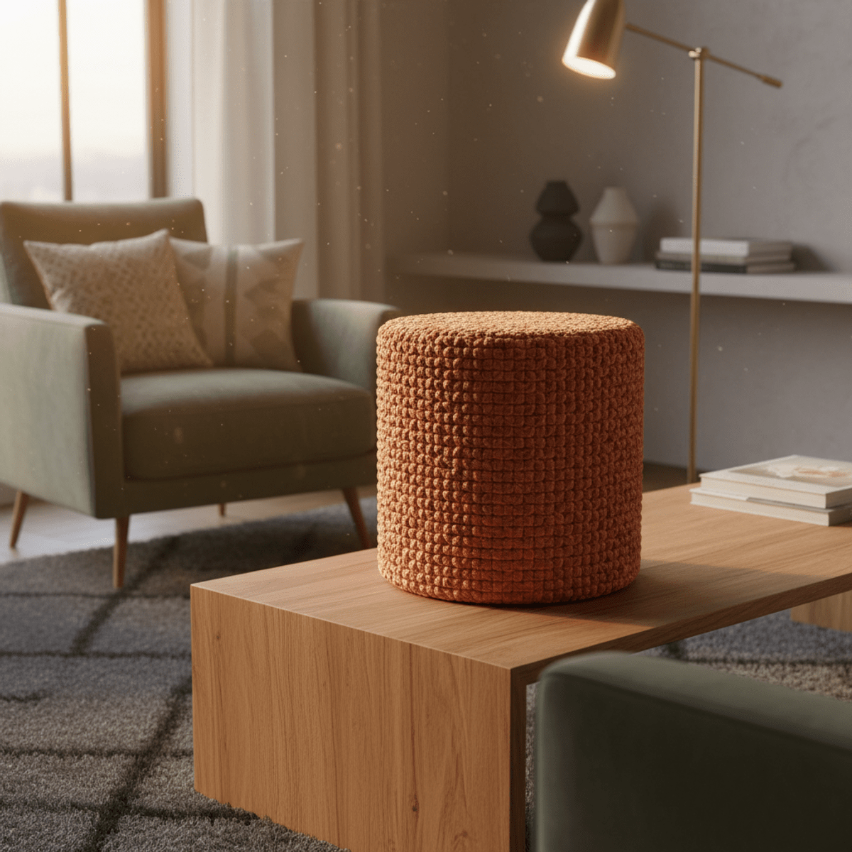 Luxurious terracotta bouclé fabric UPS on wooden console in a cozy bedroom.