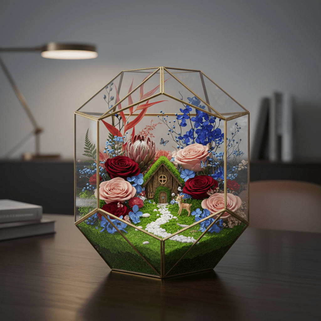 Luxurious botanical terrarium with preserved flowers and moss in a geometric glass case.