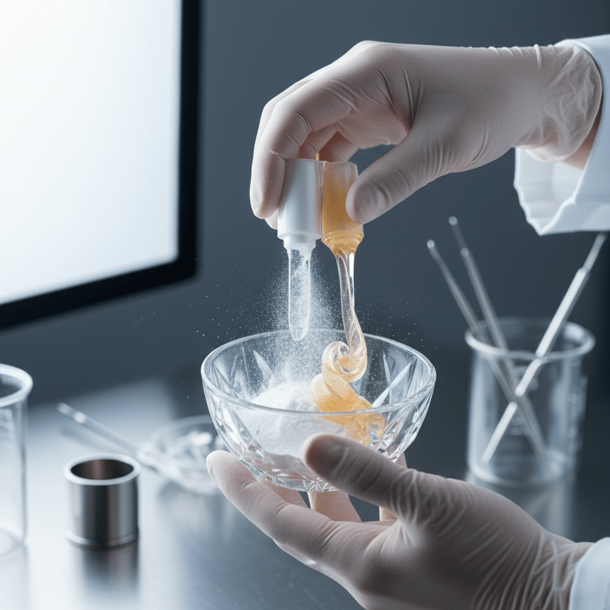 Hands in latex gloves expertly mixing dual-chamber cream in a crystal dish.