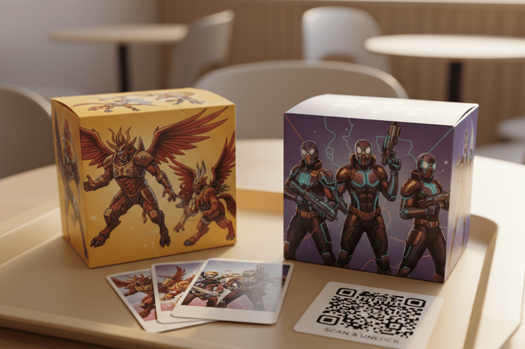 Detailed view of two themed McDonald’s meal boxes, photocards, and a QR code card under warm indoor lighting, showcasing promotional strategy