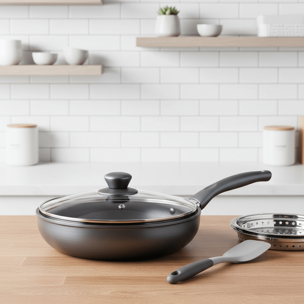 Elegant non-stick pan with brushed charcoal finish in a modern kitchen setting.