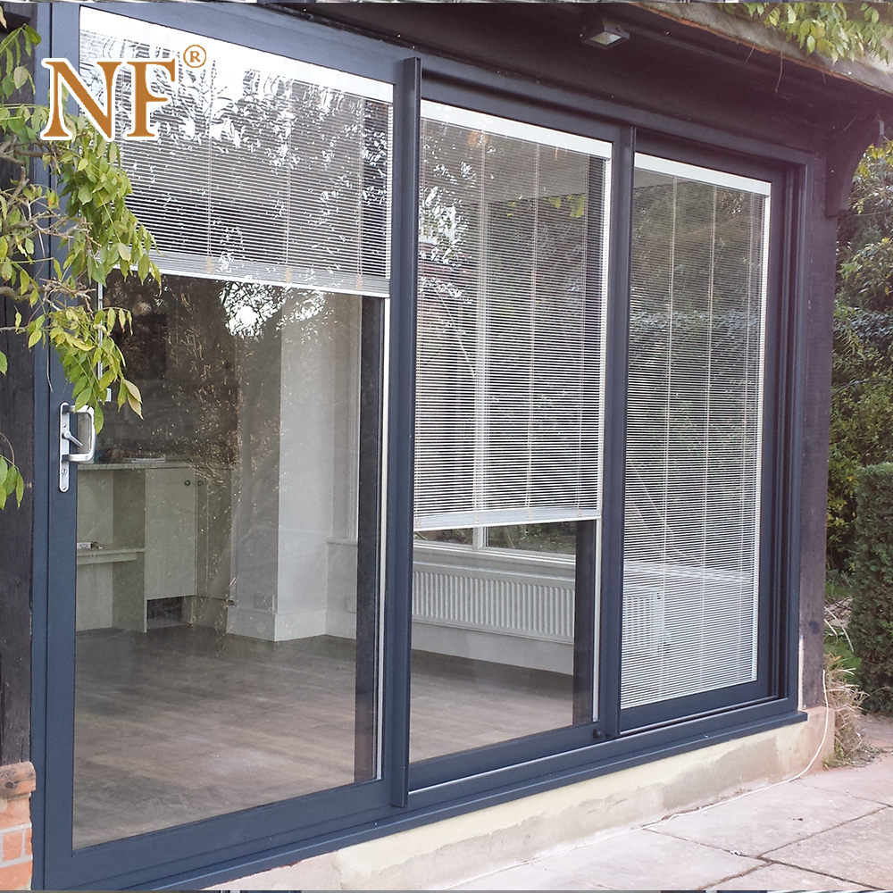 Wood aluminium frame double glass sliding patio windows doors with magnetic blinds