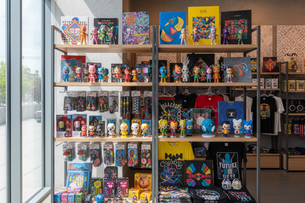 Shelf filled with colorful, non-branded pop culture merchandise under natural light, showcasing diverse product appeal post-award season