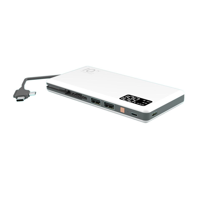 Carga rápida 10000mAh Banco De Potência com 3IN1 Relâmpago/MicroUSB/-Tipo C Cabo de Duas Portas USB e tela LED Display Digital