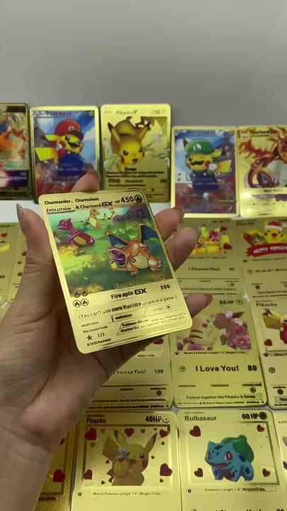 In Stock Custom Black Metal Carte Poke Mon Card Pikachu & Eevee I Love You  Gold Metal Kids Table Playing Cards