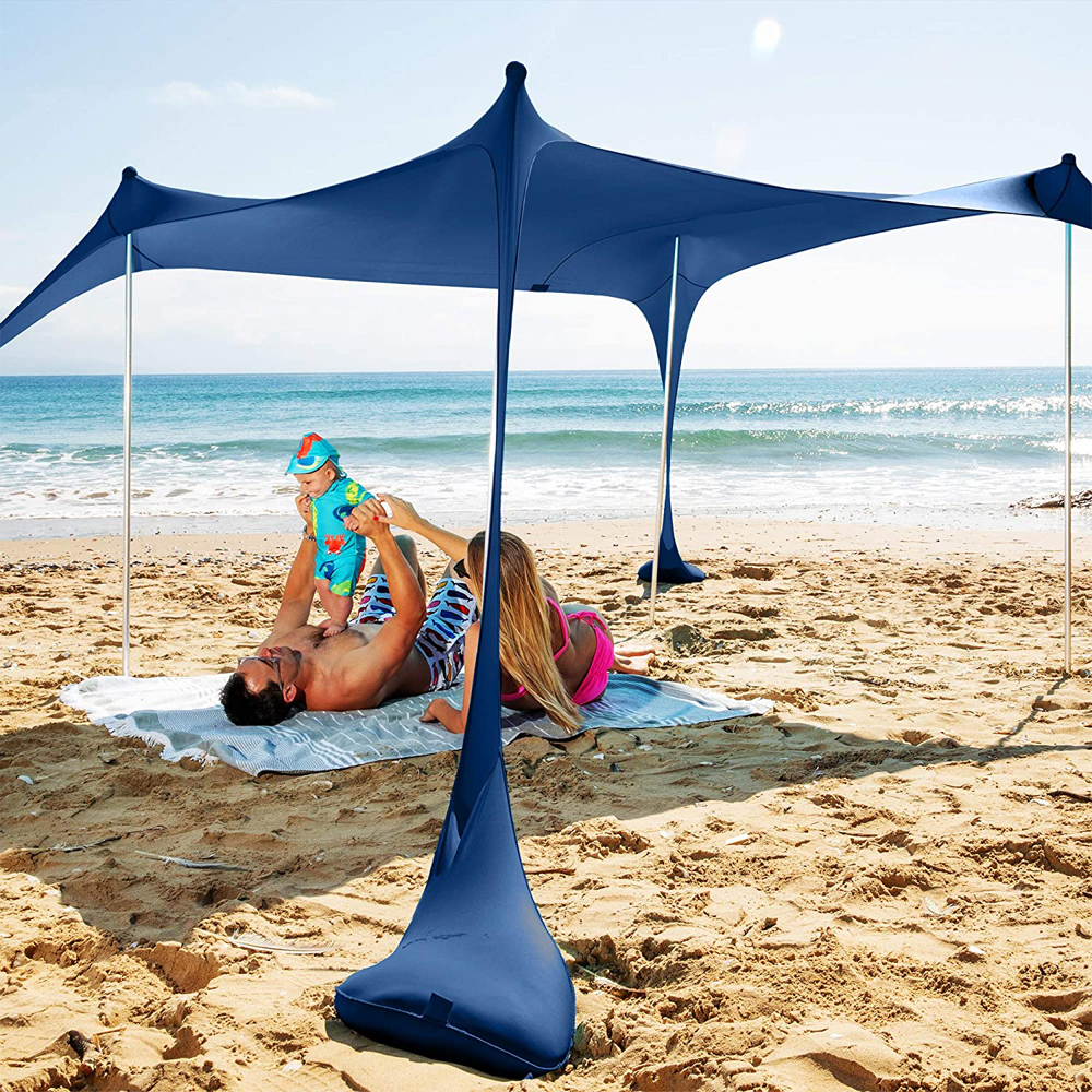 2020 New Design Portable Huge Lycra, Fabric Aluminium Pole Rod Quick Setup Windproof Uv Protect Large Family Beach Tarp Shade/