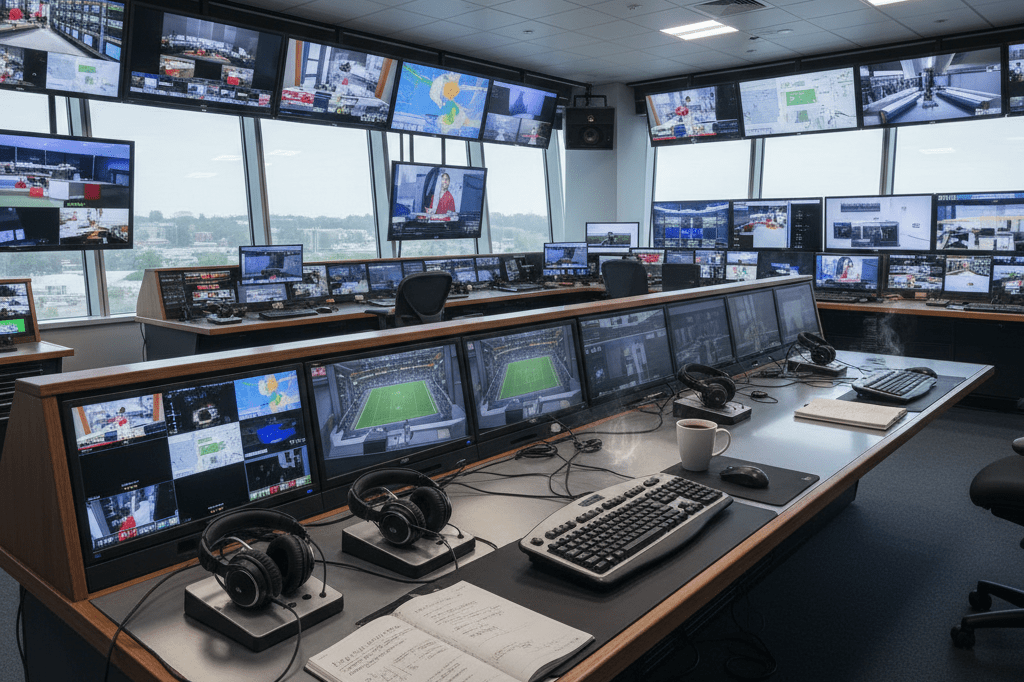 Wide shot of a TV studio control room with screens and production gear under natural light, highlighting advanced entertainment operations