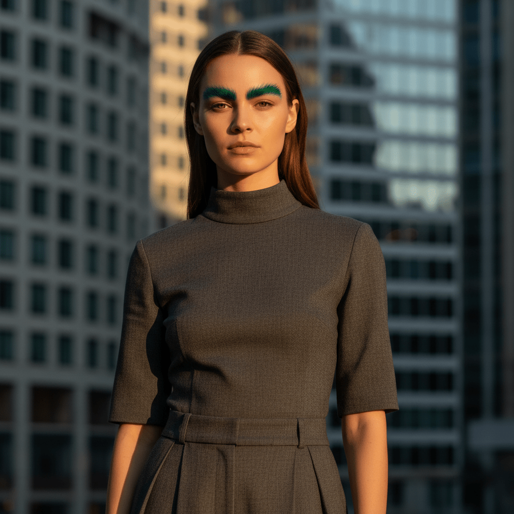 Model with natural brows fading to emerald green tips, in golden hour sunlight.