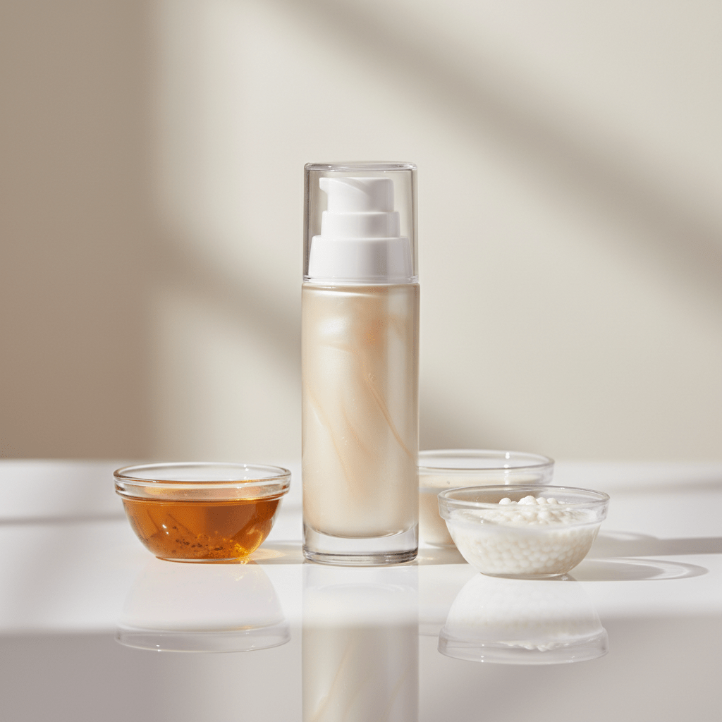 Sleek glass bottle of Korean CC cream with creamy texture and probiotic cultures.