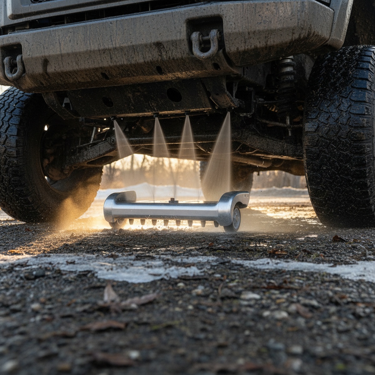 Pressure washer cleaning off-road truck undercarriage with water mist and mud removal.