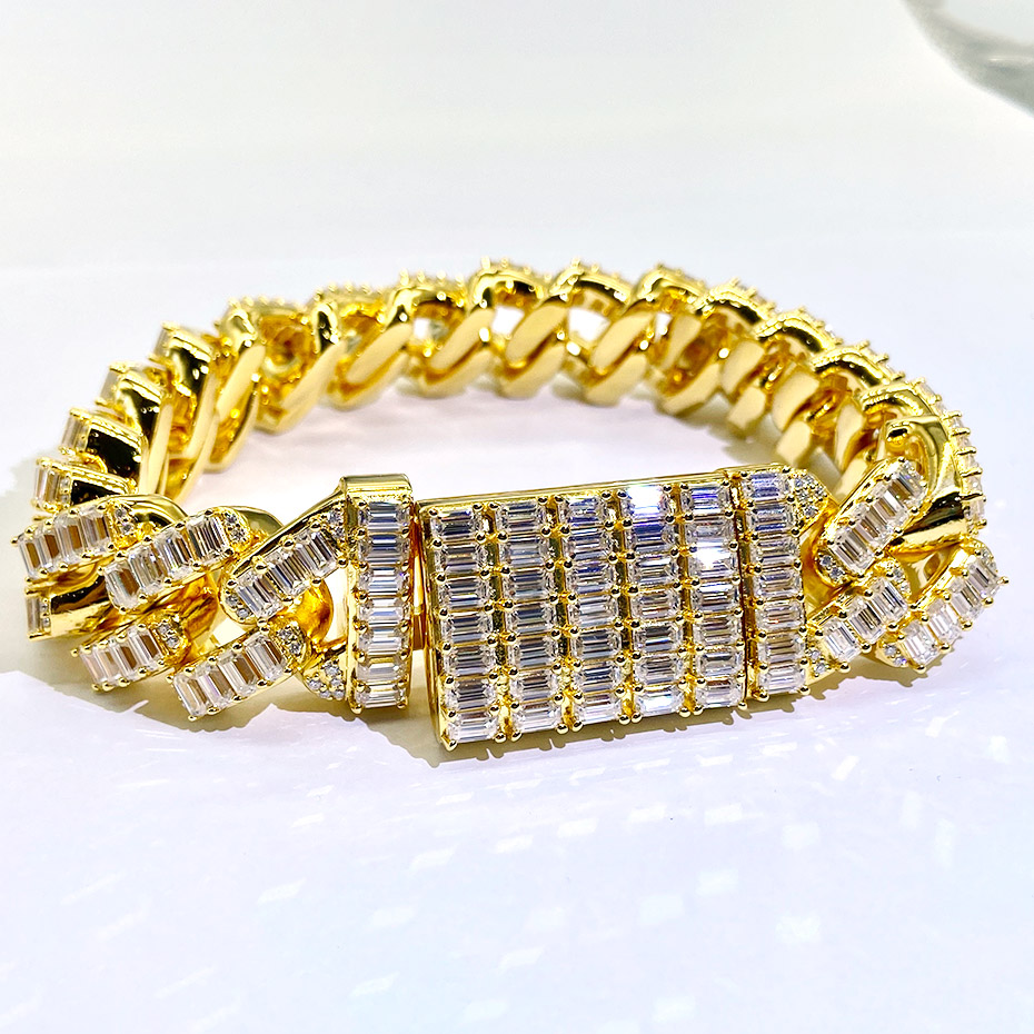 AAA GEMS Emerald Cut Moissanite Cuban Chains Bracelet Solid 925 Sterling Silver Luxury Hip Hop Baguette Bracelet for Rapper
