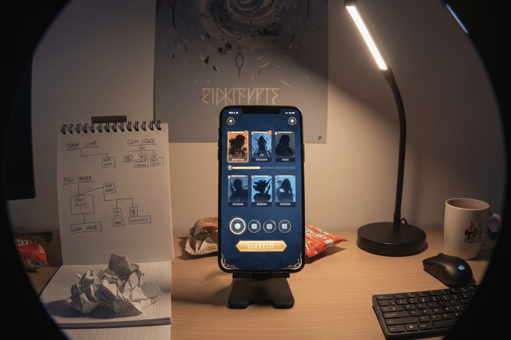 Smartphone showing generic game interface amidst strategy notes under warm ambient light, highlighting digital product lifecycle
