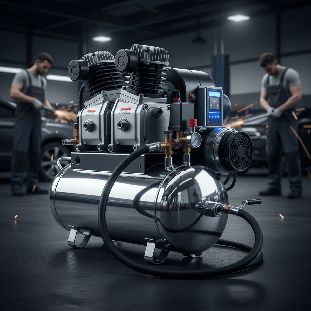 Powerful industrial air compressor with polished steel tank in an active automotive workshop.