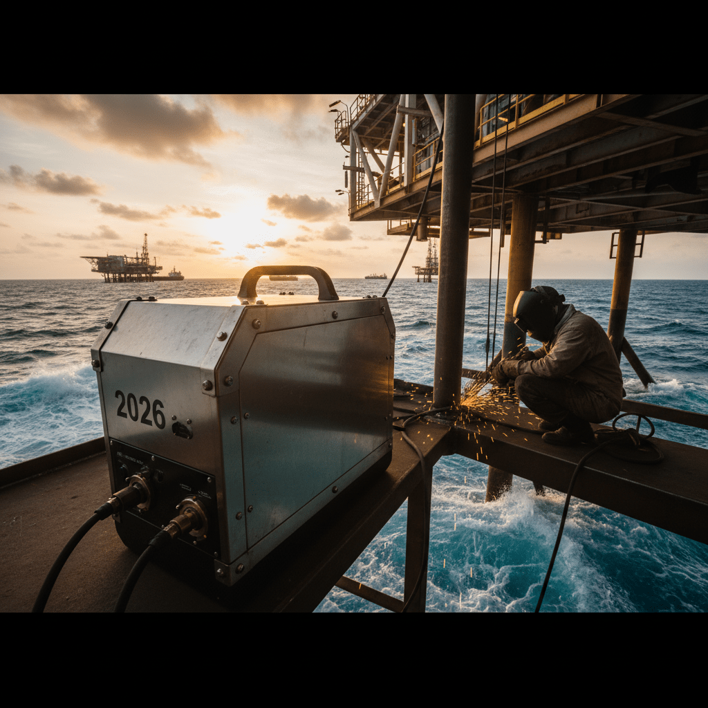 Welder works on a corrosion-resistant stick welding plant on an offshore marine platform.