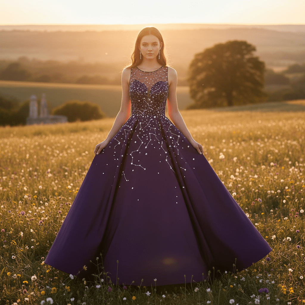 Deep plum prom dress with constellation cutouts and crystal accents in golden hour light.