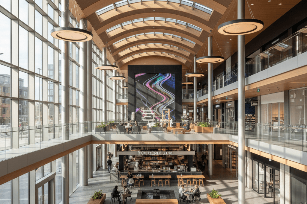 Wide shot of a vibrant retail area combining shops, dining, and open spaces under natural light, showcasing adaptable design
