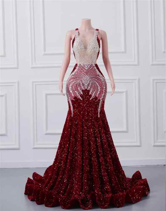 strapless open back dress Sexy Backless Burgundy Mermaid Prom Dresses Deep V Neck Formal Dress –  SheerGirl main image 1