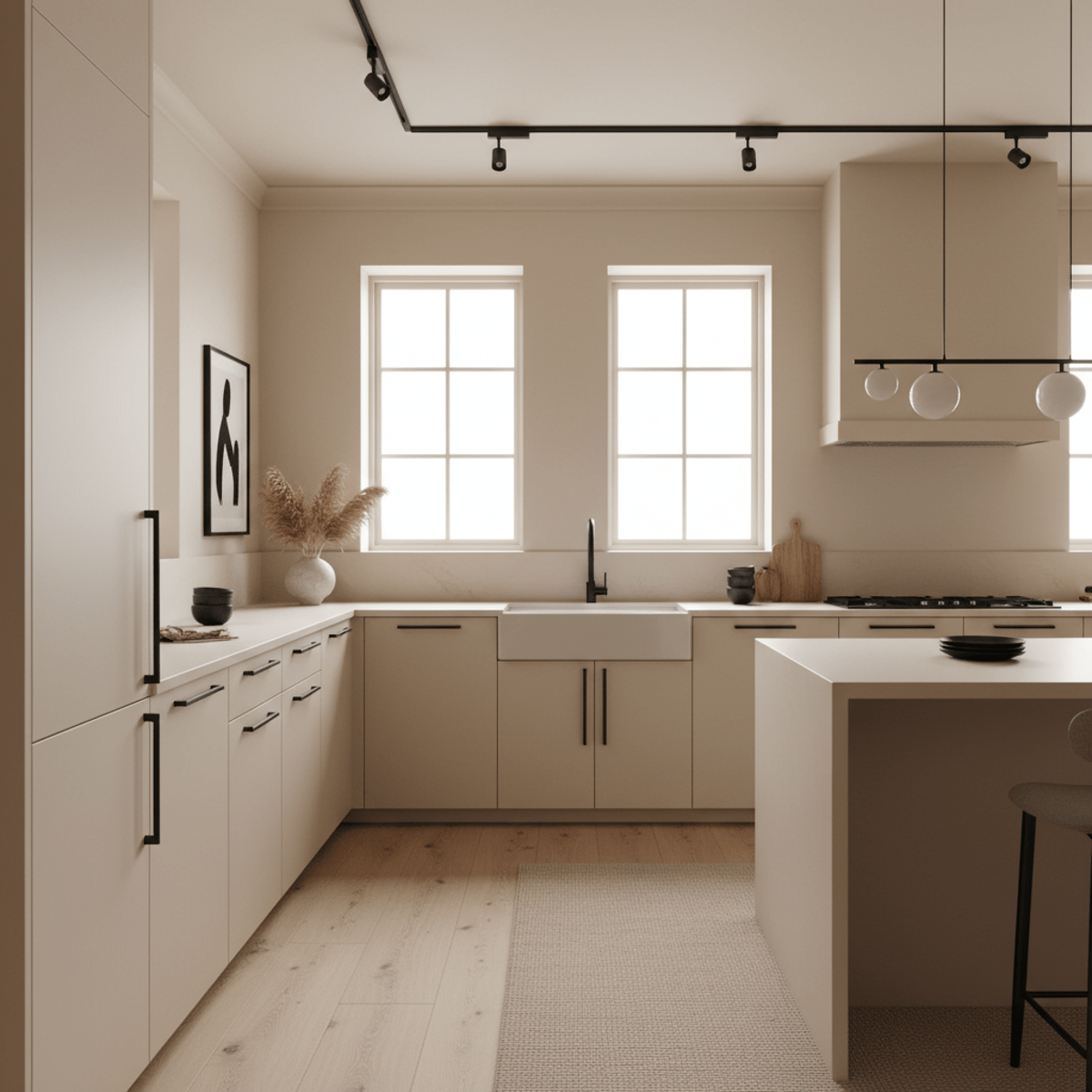 Luxurious kitchen with cashmere beige walls and matte black accents.