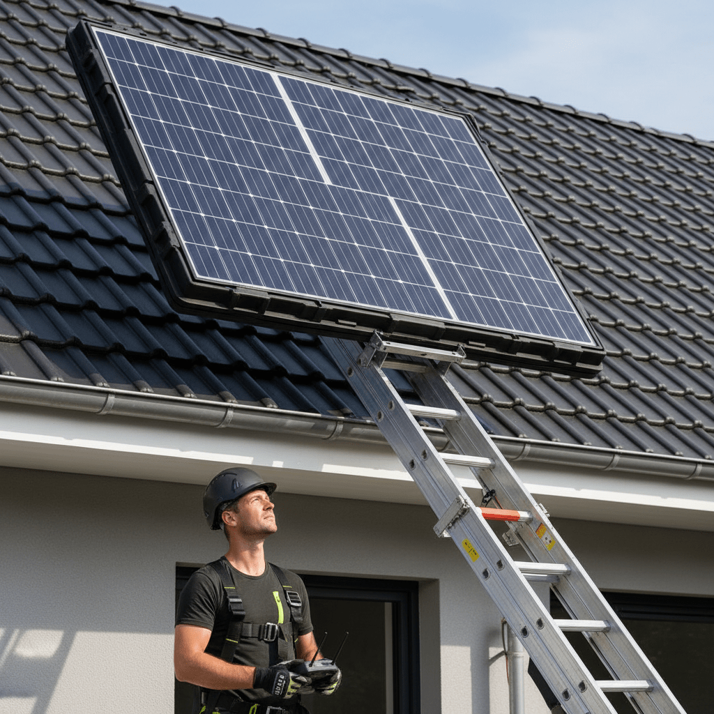 Installer guides solar panel via remote to residential roof using ladder hoist.