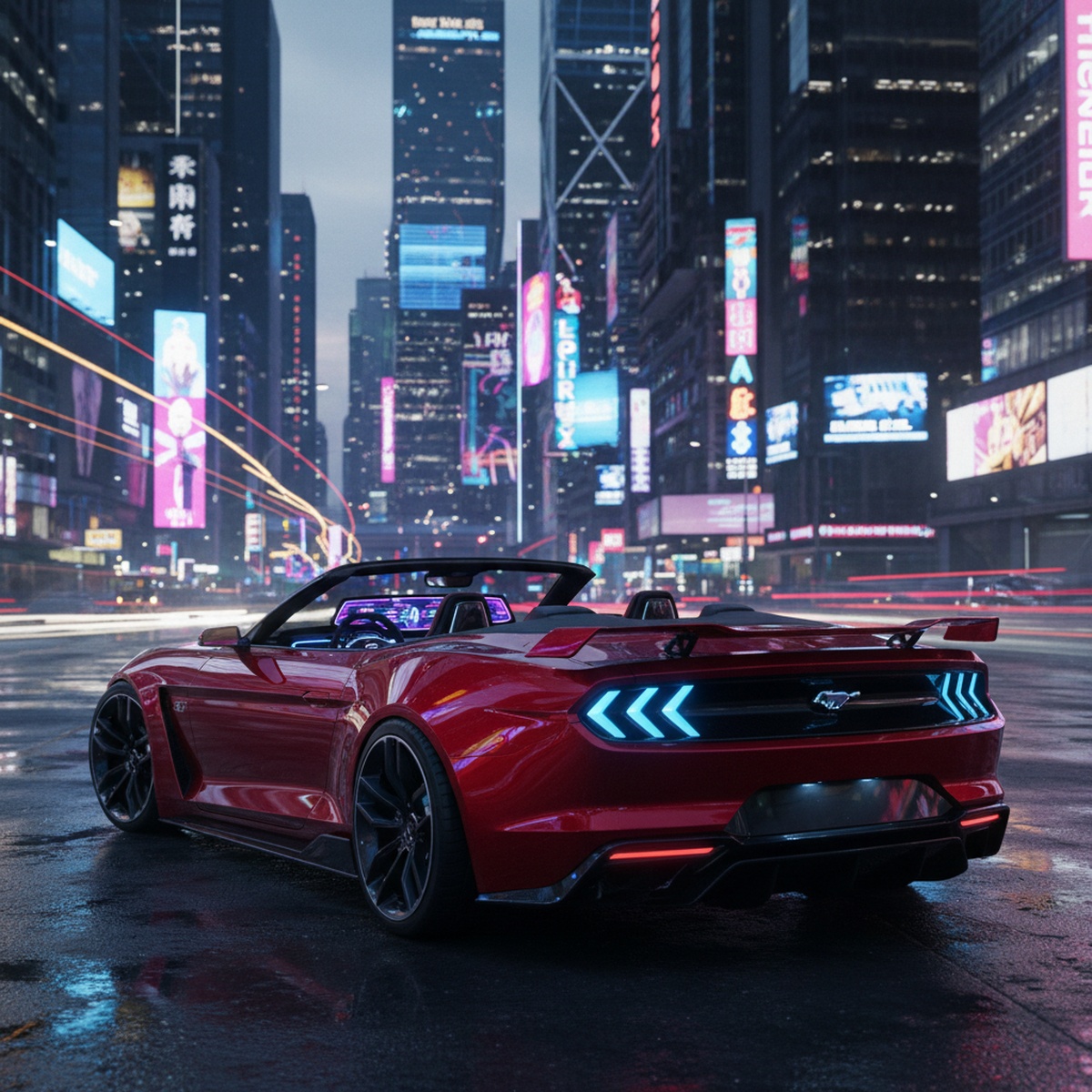 Futuristic sports car in a modern cityscape at dusk, reflecting neon lights on wet pavement.