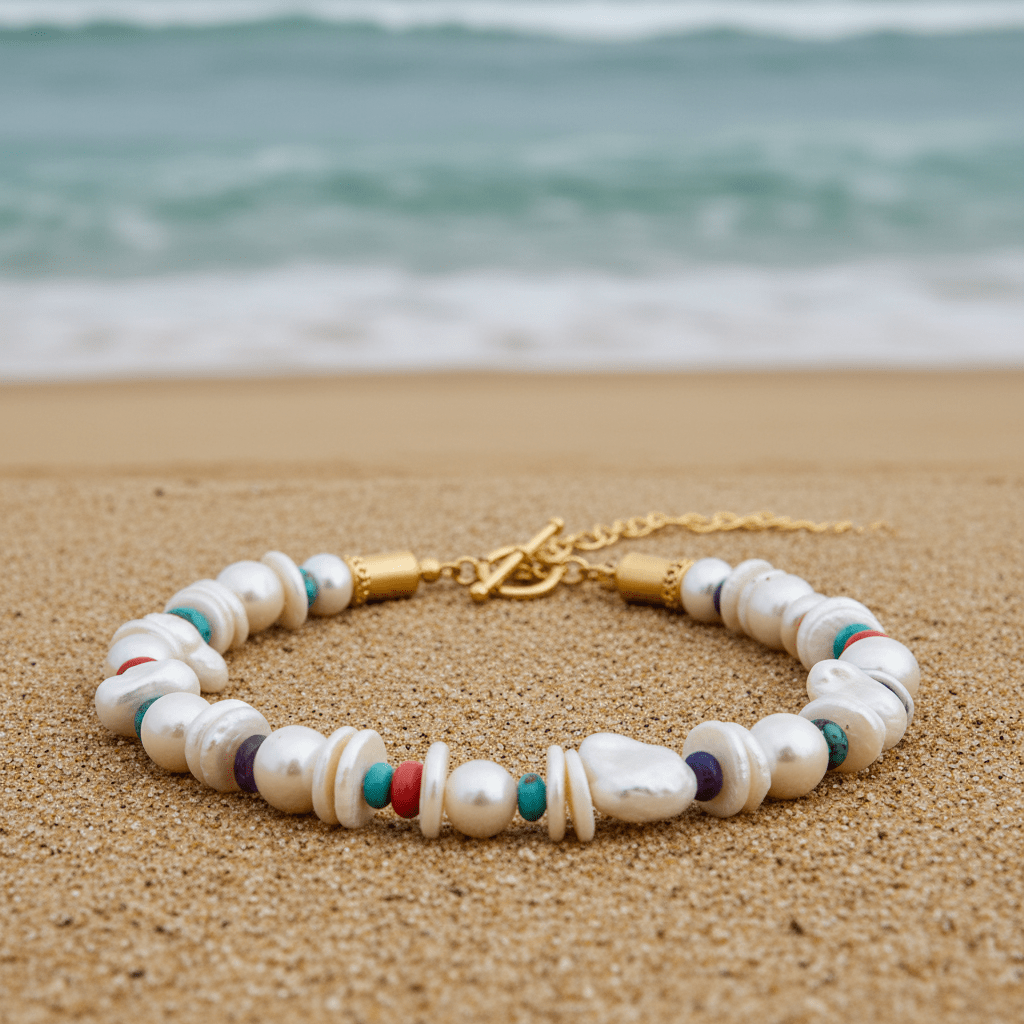 Elegant beach-inspired puka shell and pearl necklace. Luxurious puka shell necklace with pearls and beads on sand.