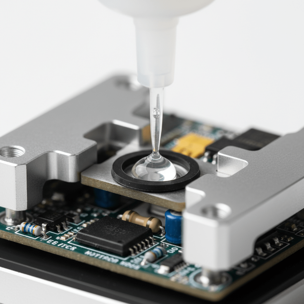 Precision needle applicator dispenses glue onto a rubber gasket in a prototype assembly.