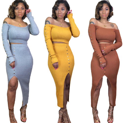 Лидер продаж 2021, наряды, Женский комплект из двух предметов, топ и юбка, женский сексуальный вязаный Повседневный Женский комплект на пуговицах большого размера из 2 предметов