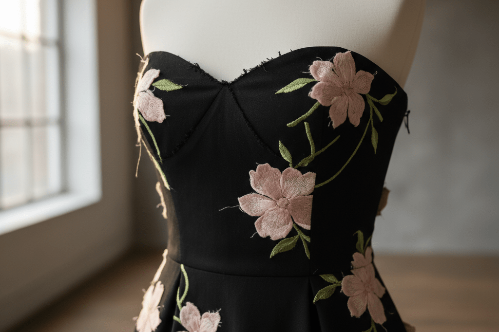 Black strapless gown with mismatched pale-pink floral details under natural light emphasizing tonal clash