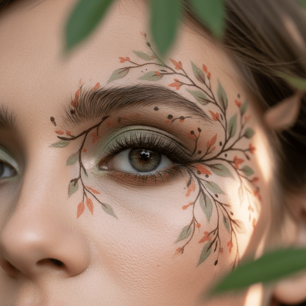 Eyelid art with delicate floral vines in earthy tones, showcasing realistic skin texture.