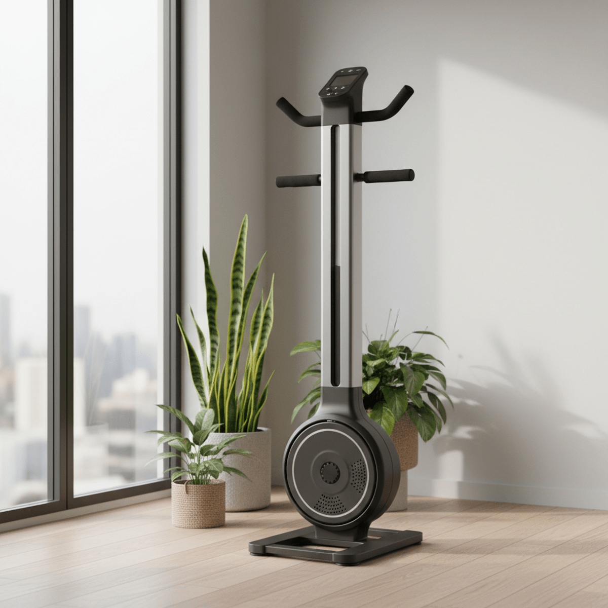Sleek vertical climber exercise machine in a modern apartment corner.
