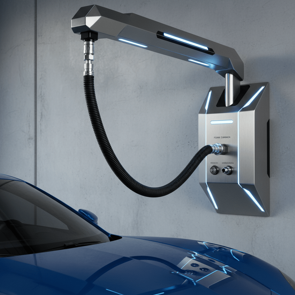 Wall-mounted power washer with boom arm over glossy car paint in a modern garage.