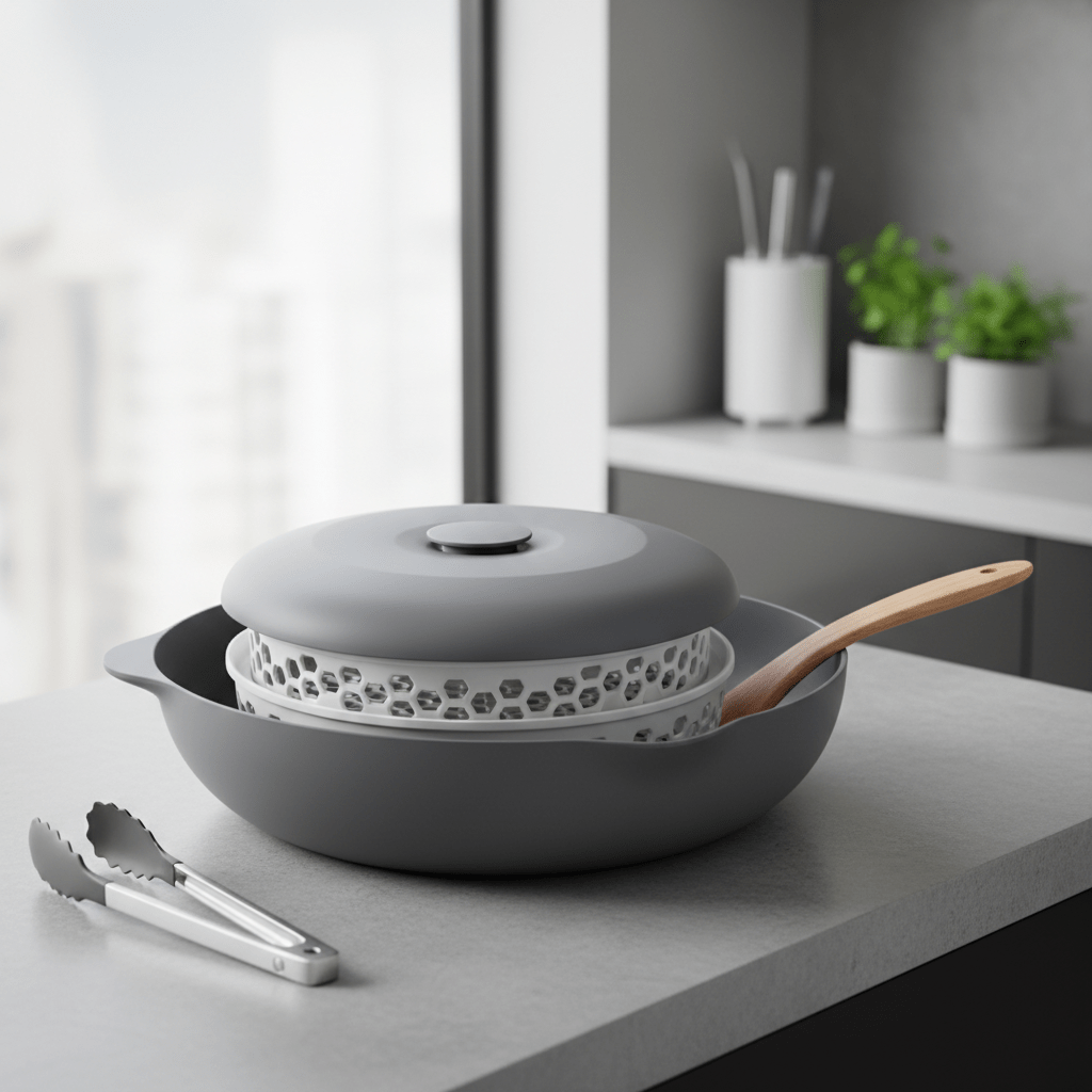 Sleek non-stick pan with matte ceramic surface and modular steamer basket.