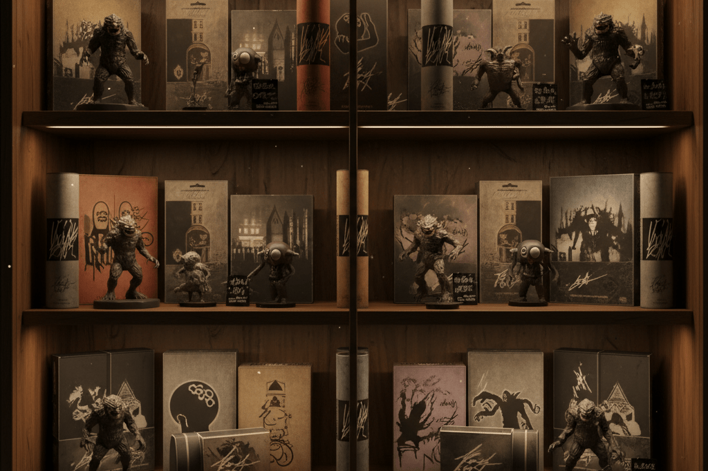 Wide shot of horror merchandise shelf with figurines and posters under warm ambient lighting, symbolizing cult filmmaker-driven retail trends