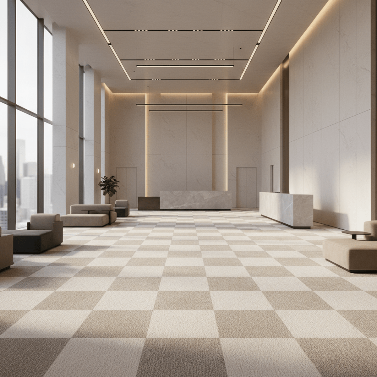 Luxurious cream checkerboard carpet in a modern commercial lobby with sleek design.