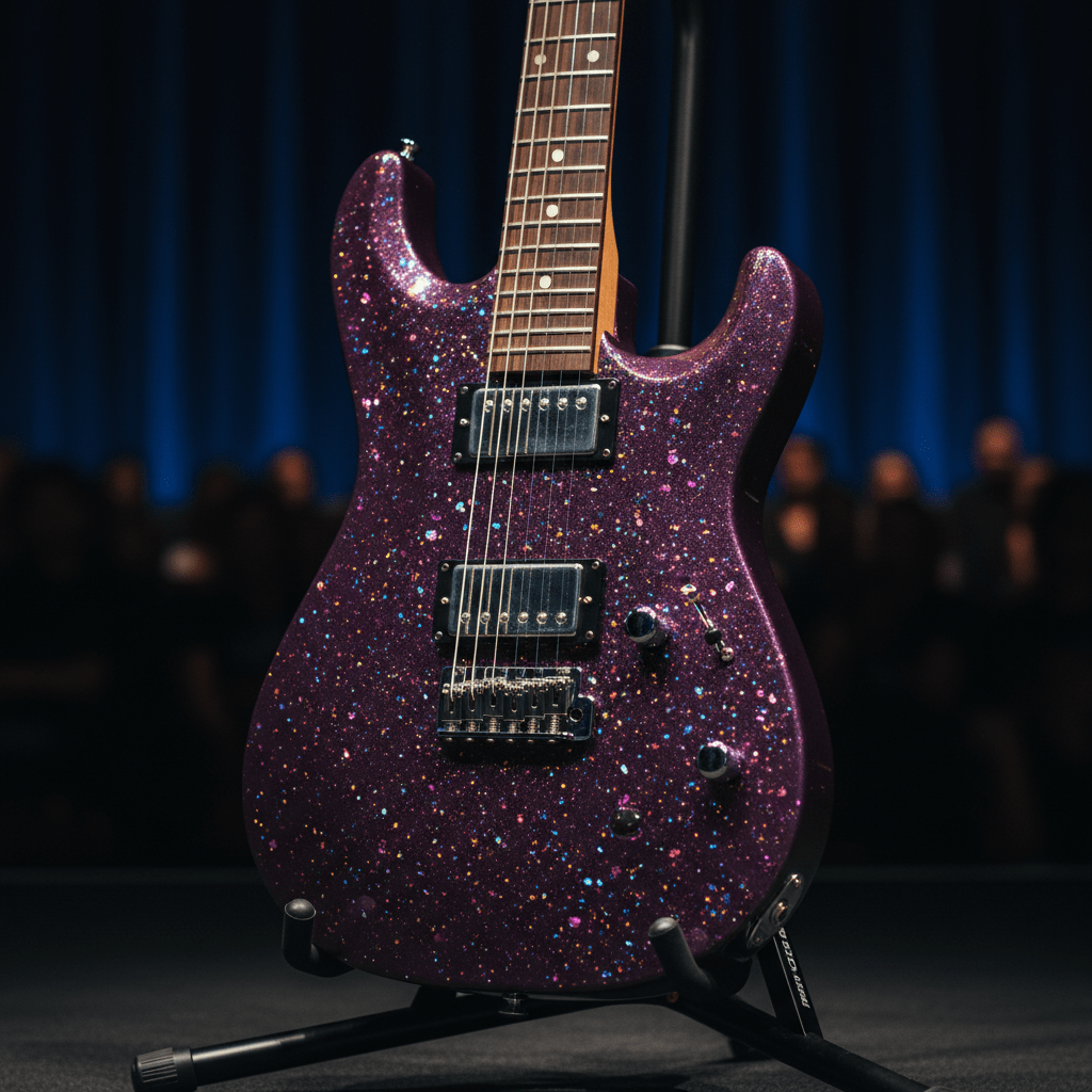 Grape-purple electric guitar with metallic flakes under dramatic stage lighting.