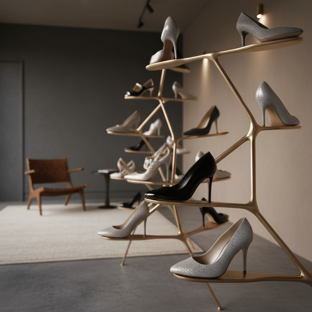Elegant shoe organizer with floating perches and spotlighted shoes.