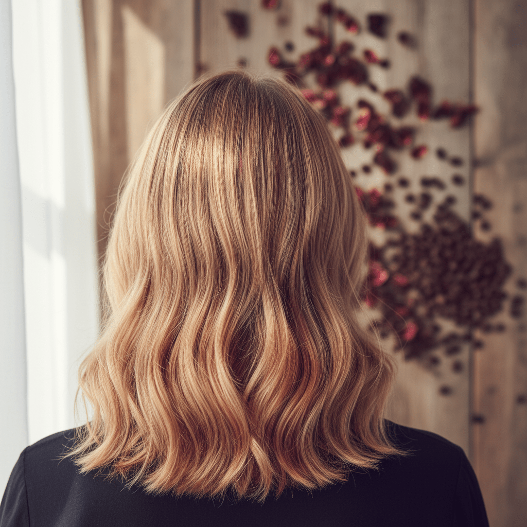 Wavy blonde hair with reddish undertones from hibiscus botanical rinse, soft light.