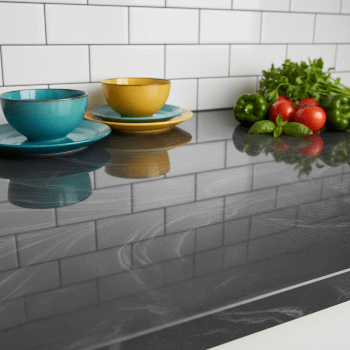 Close-up of charcoal gray epoxy resin kitchen countertop with marbled patterns and gloss finish.