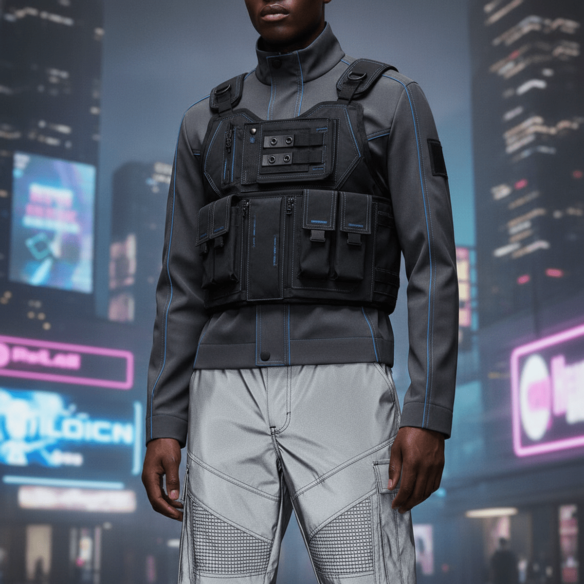 Model in futuristic cargo pants and tactical vest with electric blue accents.
