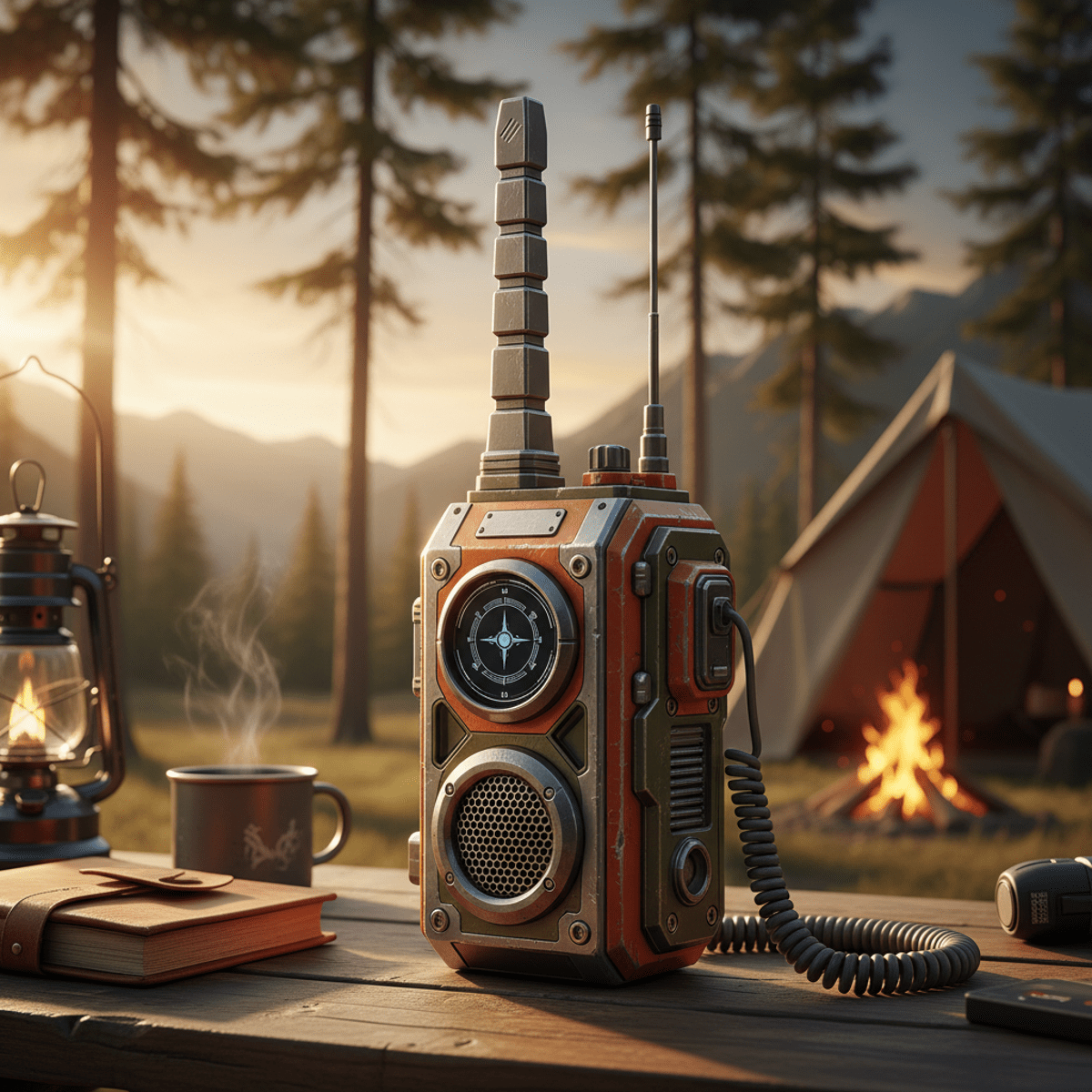 Retro walkie-talkie speaker with industrial lines in a golden hour camping scene.